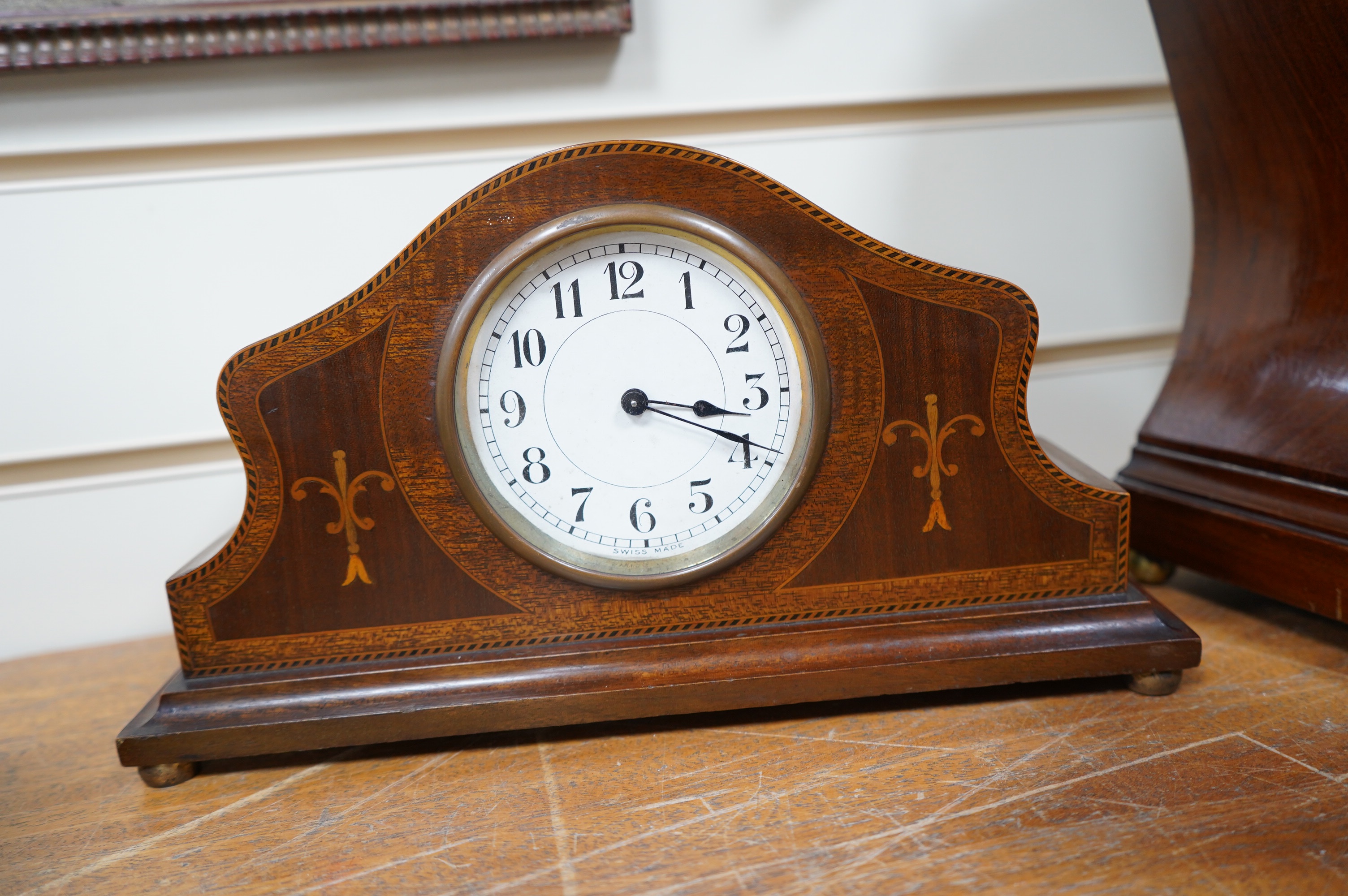 Sundry items to include four Edwardian inlaid mantel clocks, a barometer and a skeleton clock (7). Condition - mostly fair, untested